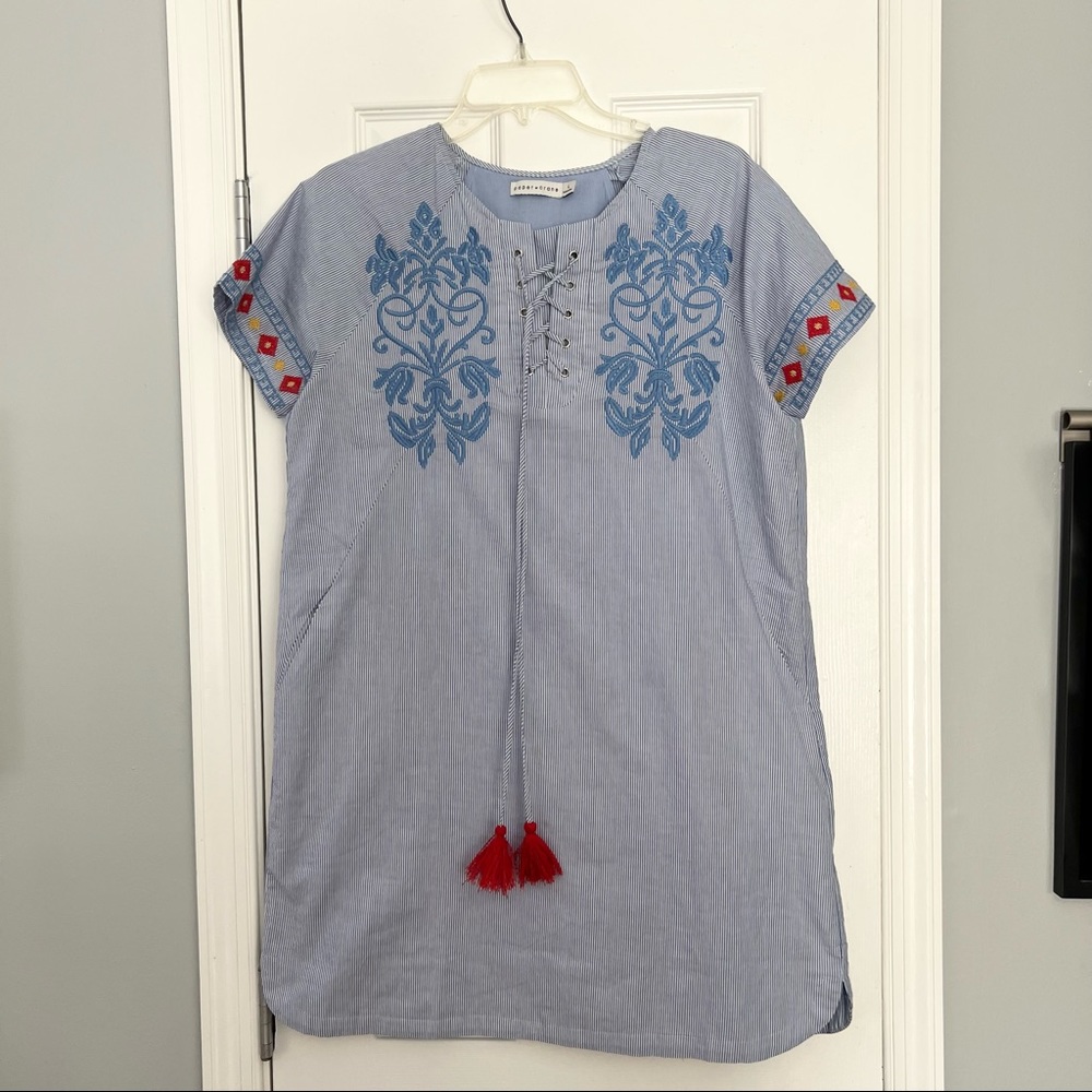 Paper Crane blue striped embroidered short sleeve dress with tassels